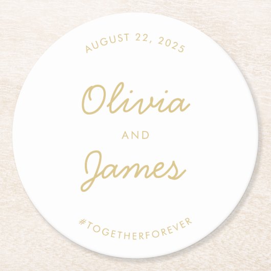 Modernes, elegantes Script Gold Wedding Custom Has Runder Pappuntersetzer (Vorderseite)