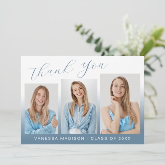 Modernes, elegantes Script Gradient Blue 3 Foto Gr Dankeskarte (Stehend Vorderseite)