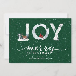 Modernes, elegantes Script JOY White Snow Overlay Feiertagskarte