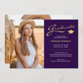 Modernes, elegantes Script Lila & Gold | 2 Foto Gr Ankündigung (Vorne/Hinten)