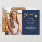 Modernes, elegantes Script Navy Blue | 2 Foto Grad Ankündigung (Vorne/Hinten)