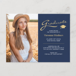 Modernes, elegantes Script Navy Blue | 2 Foto Grad Postkarte