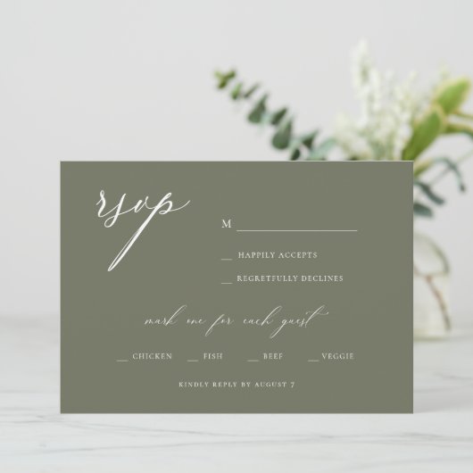 Modernes, elegantes Script Olive Wedding RSVP Einladung (Stehend Vorderseite)