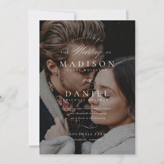 Modernes, elegantes Script QR Code Foto Hochzeit Einladung (Vorderseite)