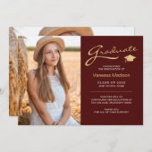 Modernes, elegantes Script Red Gold | 2 Foto Grad Ankündigung (Vorne/Hinten)