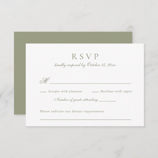 Modernes, elegantes Script Sage Green Wedding RSVP Einladung (Vorne/Hinten)