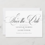 Modernes, elegantes Script schwarz und weiß Save The Date (Vorderseite)