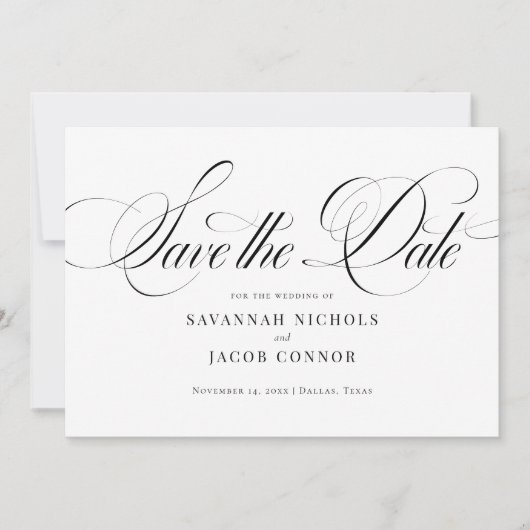 Modernes, elegantes Script schwarz und weiß Save The Date (Vorderseite)