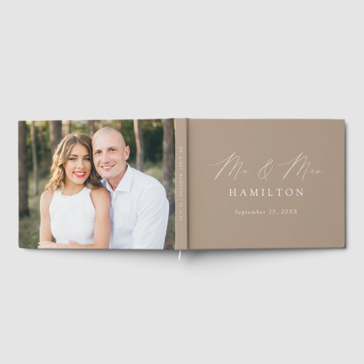 Modernes, elegantes Script Taupe Foto Hochzeit Gästebuch (Voll)