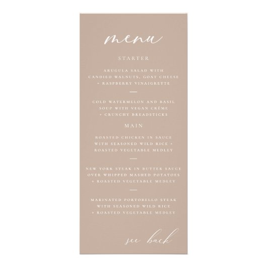 Modernes, elegantes Script Taupe Wedding Menu Werbekarte (Vorne)