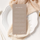 Modernes, elegantes Script Taupe Wedding Menu Werbekarte