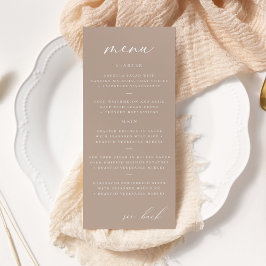 Modernes, elegantes Script Taupe Wedding Menu Werbekarte