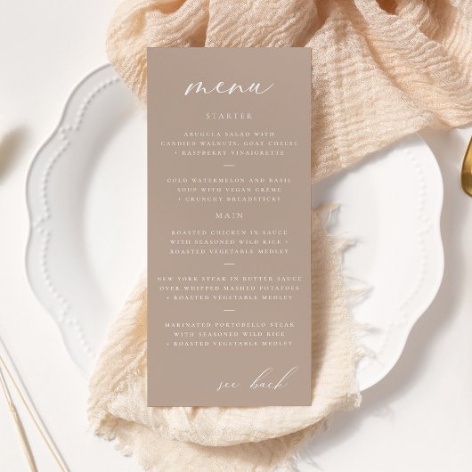 Modernes, elegantes Script Taupe Wedding Menu Werbekarte
