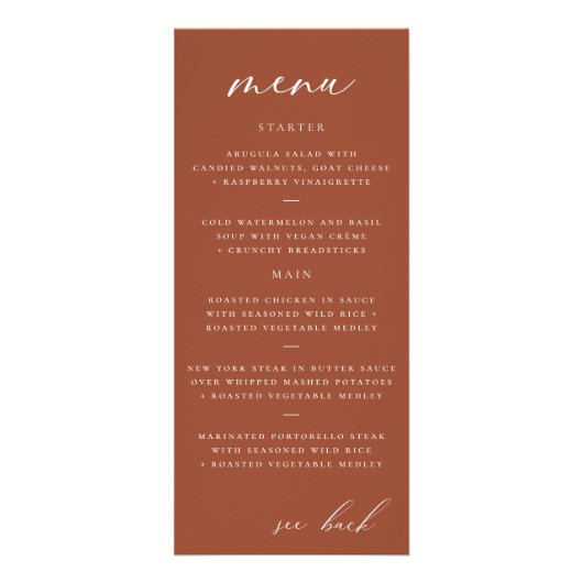 Modernes, elegantes Script Terracotta Wedding Menu Werbekarte (Vorne)