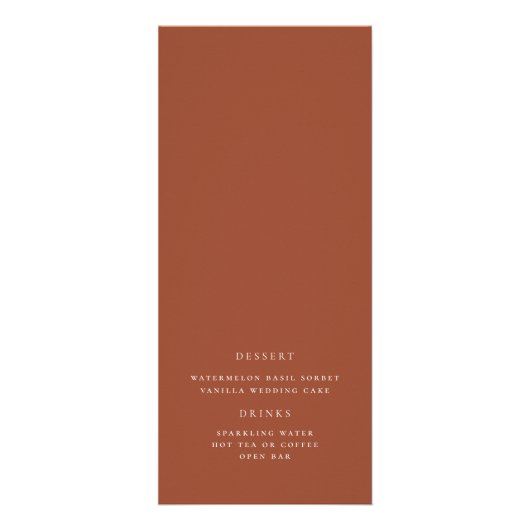 Modernes, elegantes Script Terracotta Wedding Menu Werbekarte (Hinten)