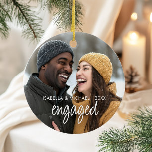 Modernes, elegantes Script Verlobt Couple Foto Keramik Ornament
