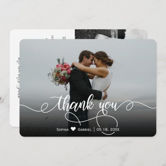 Modernes, elegantes Script Wedding Foto Danke Kart (Vorne/Hinten)