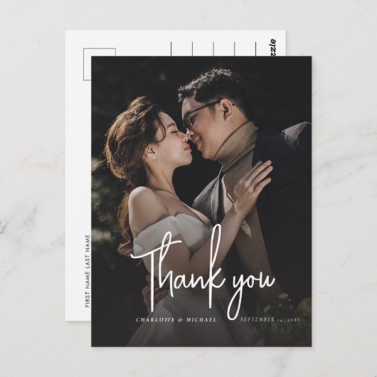 Modernes, elegantes Script Wedding Foto Vielen Dan Postkarte (Vorne/Hinten)