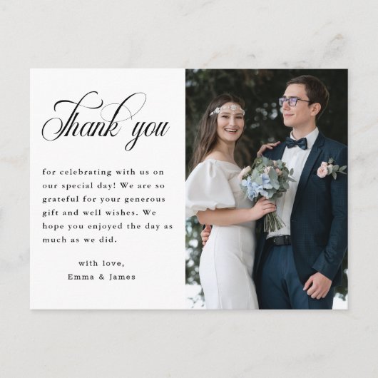 Modernes, elegantes Script Wedding Foto Vielen Dan Postkarte (Vorderseite)