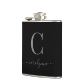 Modernes, elegantes Silver Black Monogram Script Flachmann (Links)