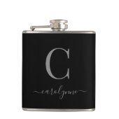 Modernes, elegantes Silver Black Monogram Script Flachmann (Vorderseite)