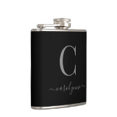 Modernes, elegantes Silver Black Monogram Script Flachmann (Rechts)