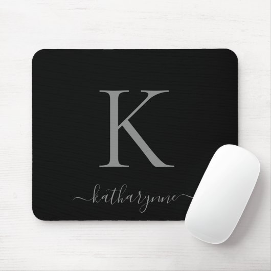 Modernes, elegantes Silver Monogram Script Black Mousepad (Mit Mouse)