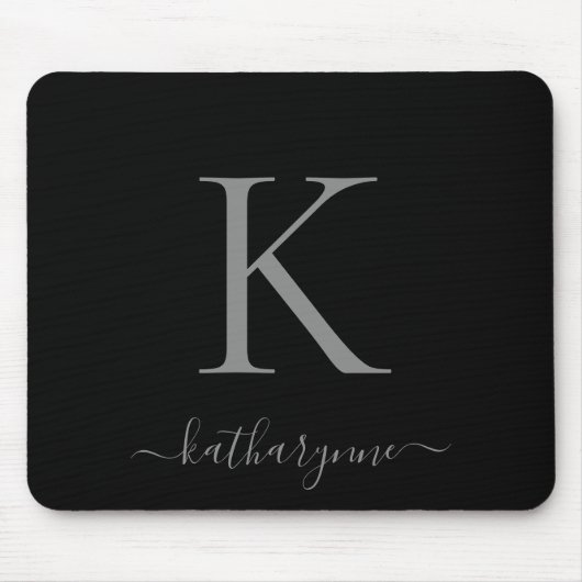 Modernes, elegantes Silver Monogram Script Black Mousepad (Vorne)