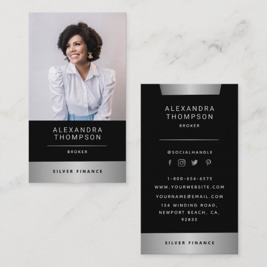 Modernes, elegantes Silver Stripe Berufliches Foto Visitenkarte (Vorne/Hinten)