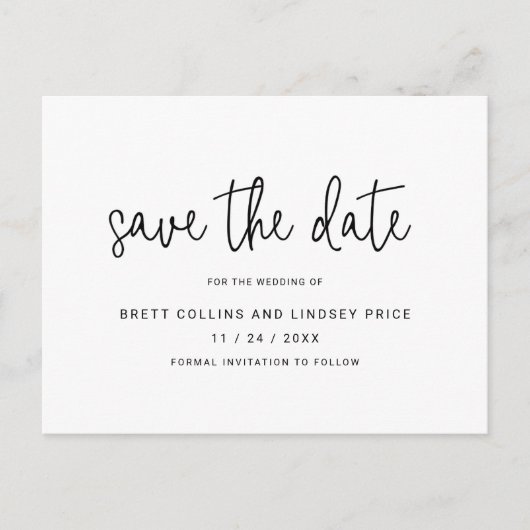 Modernes, elegantes Skript Einfache Hochzeit speic Ankündigungspostkarte (Vorderseite)