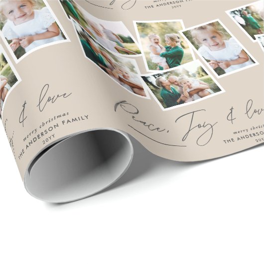Modernes, elegantes Skriptbeige mit mehreren Fotos Geschenkpapier (Rolleneckpunkt)