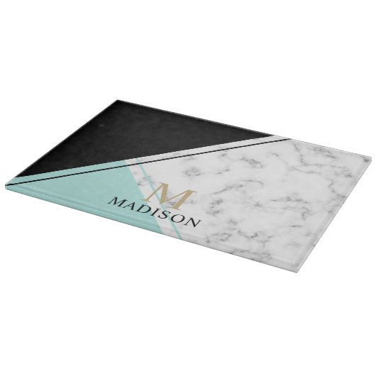 Modernes, elegantes, türkisfarbenes Marmormonogram Schneidebrett (Ecke)