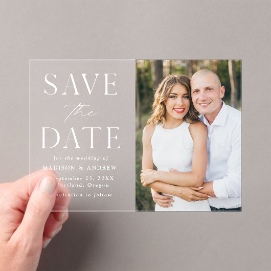 Modernes elegantes weißes Foto Save the Date Acryleinladungen (Insitu (Handheld))