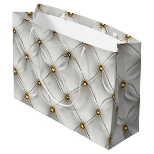 Modernes, elegantes weißes Leder Tufted Gold Große Geschenktüte (Rückseite Schrägansicht)