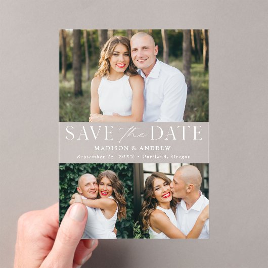 Modernes, elegantes White 3 Foto Save the Date Acryleinladungen (Insitu (Handheld))