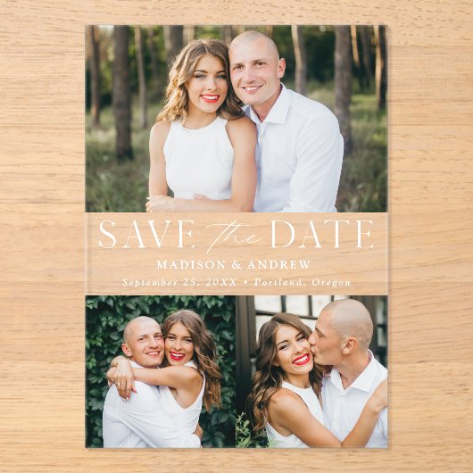 Modernes, elegantes White 3 Foto Save the Date Acryleinladungen (Vorderseite)