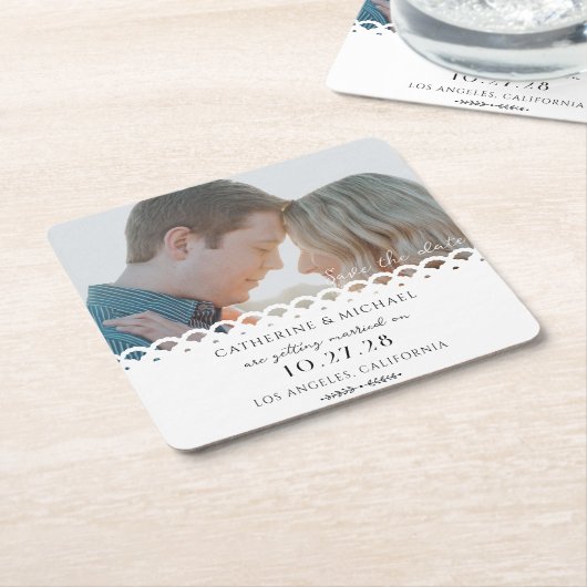 Modernes, elegantes White Lace Foto Save the Date Rechteckiger Pappuntersetzer (angewinkelt)