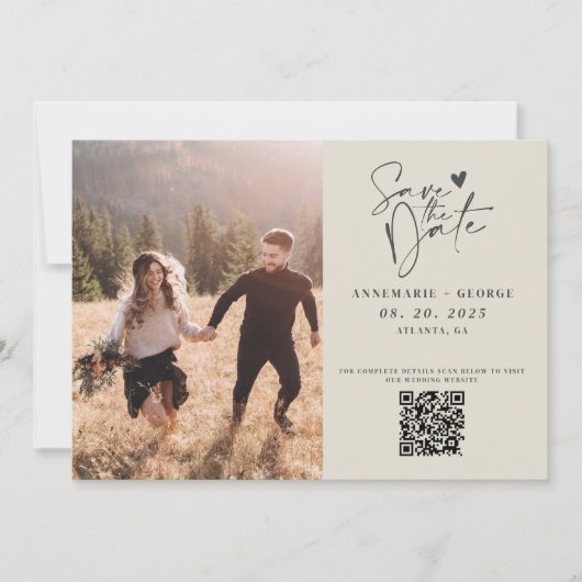 Modernes Elfenbeinkalligrafie-Foto QR-Code Save The Date (Vorderseite)