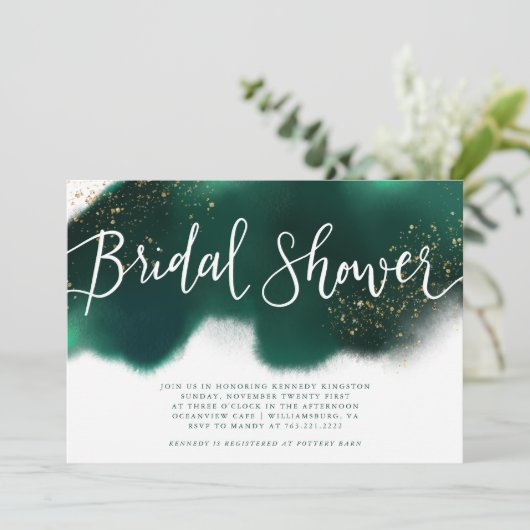 Modernes Emerald Green Gold Glitzer Brautparty Einladung (Stehend Vorderseite)