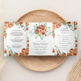 Modernes Erdöl Orange Floral 3 bei 1 Hochzeit Dreifach Gefaltete Einladung