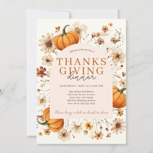 Modernes Erntedank mit Blumenkürbis Einladung (Vorderseite)