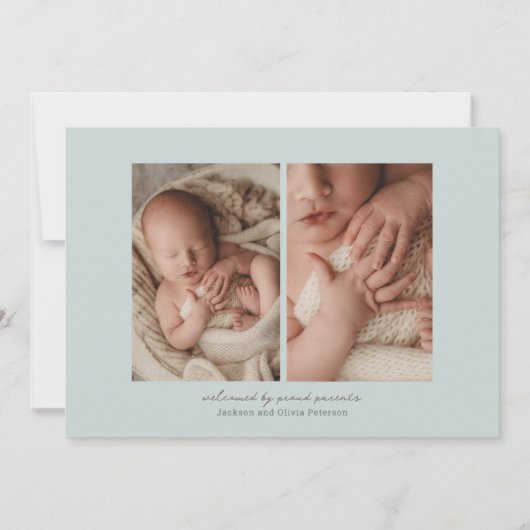 Modernes erstes Blue Green Baby Drei Fotos Geburt Ankündigung (Rückseite)