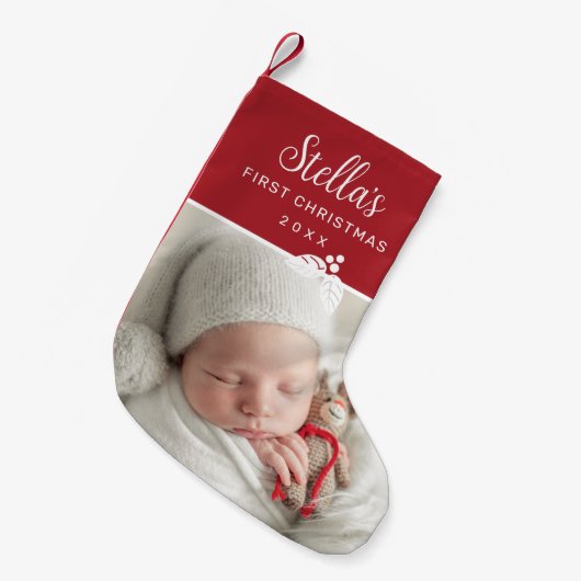 Modernes Erstes WeihnachtsFoto Personalisiert Kleiner Weihnachtsstrumpf (Vorderansicht (hängend))