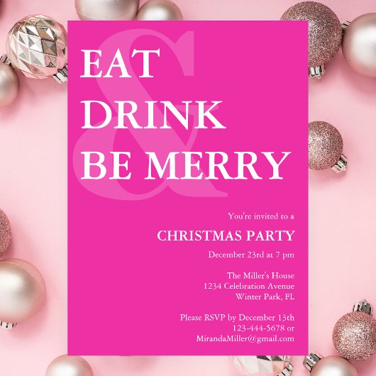 Modernes Essen Drink & Be Merry Pink Weihnachten P Einladung