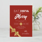 Modernes Essen, trinken Sie Merry Xmas Gold Band R Einladung (Stehend Vorderseite)
