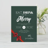 Modernes Essen, trinken Sie Merry Xmas Red Ribbon Einladung (Stehend Vorderseite)