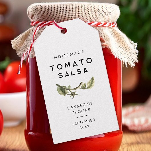 Modernes Etikett der Tomate Salsa mit Tomatenblatt Geschenkanhänger