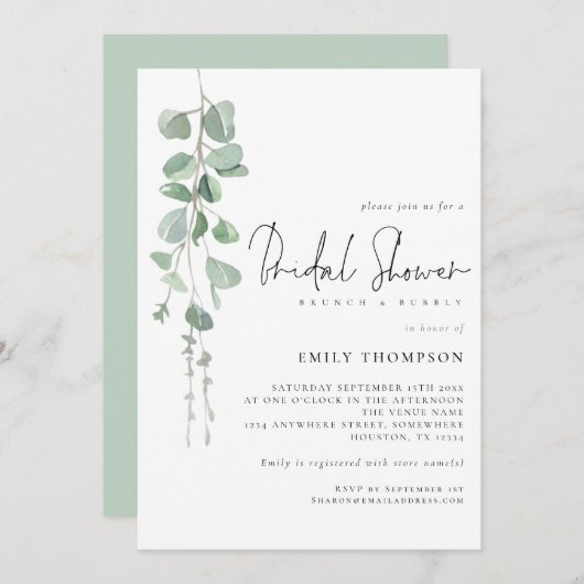 Modernes Eukalyptus-Brunch-Brautparty Einladung (Vorne/Hinten)