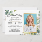Modernes Eukalyptus Floral Foto Ruhestand Party Einladung (Vorderseite)