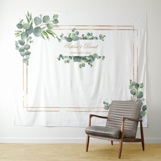 Modernes Eukalyptus Foliage Gold Frame Wedding Pro Wandteppich (Beispiel (Horizontal))